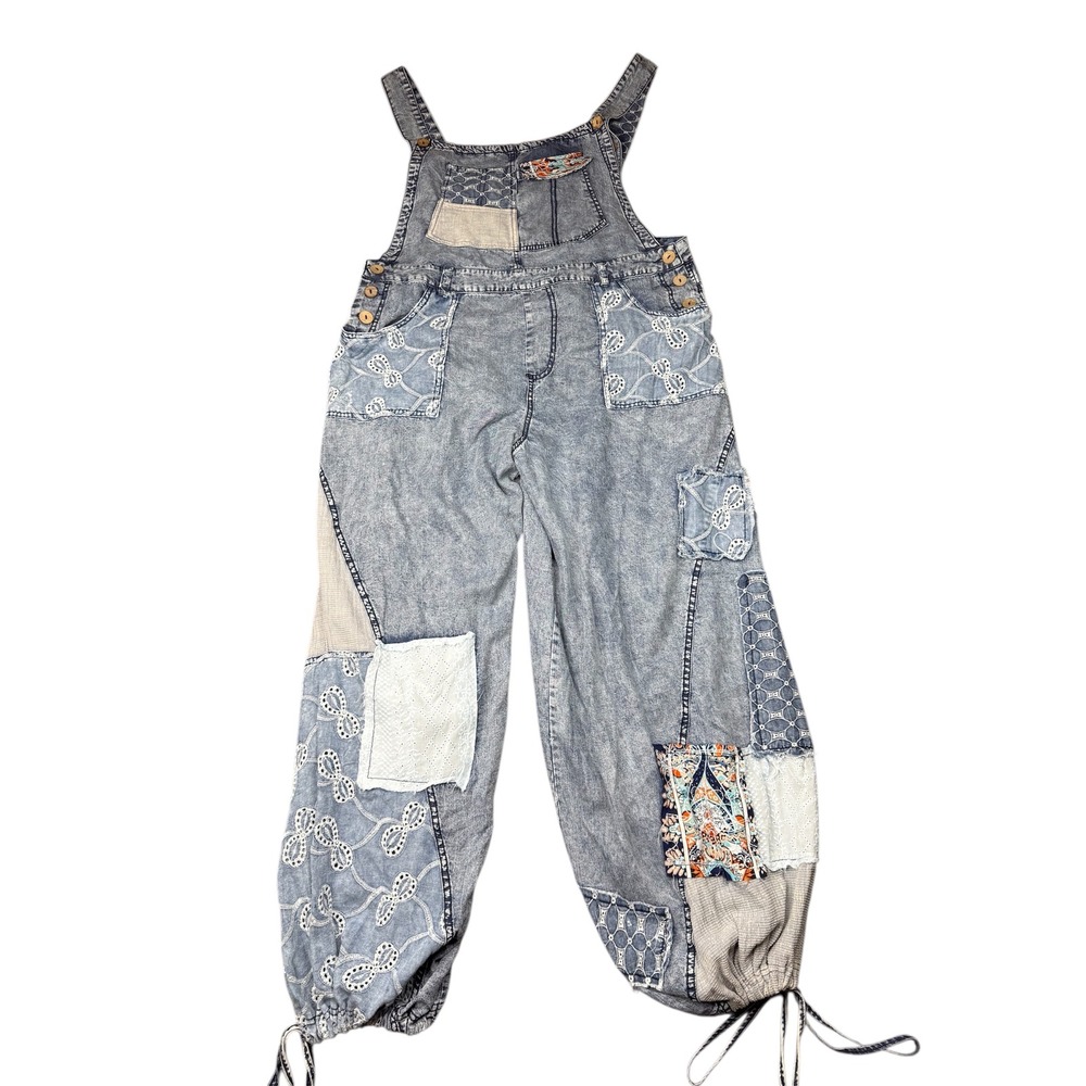 Oli & Hali‎ Denim-Washed Multi Patchwork Tencel Overalls